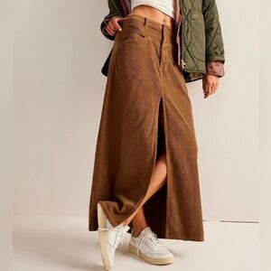 Free People Brown Corduroy Maxi Skirt with Front Slit